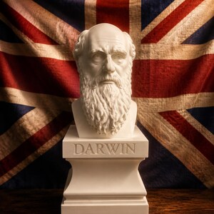 Op de afbeelding: Een wit borstbeeld van Charles Darwin met een gedetailleerde baard en gelaatstrekken, geplaatst op een vierkant voetstuk met de naam DARWIN in hoofdletters gegraveerd op de voorzijde. Het beeldhouwwerk heeft een gladde, matte witte afwerking.