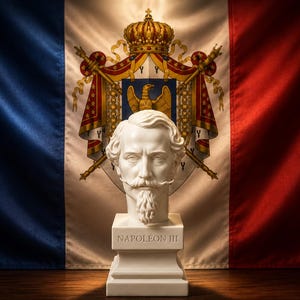Peut inclure: Un buste en marbre blanc de Napoléon III avec une moustache et une barbiche détaillées, posé sur un socle carré portant l'inscription NAPOLÉON III, devant un drapeau bleu, blanc et rouge orné d'un blason impérial doré au centre.
