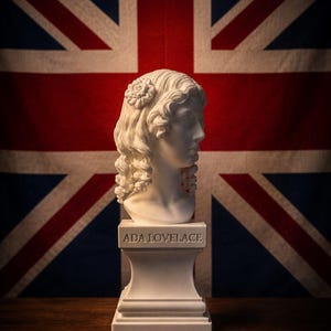 Peut inclure: Un buste blanc d'Ada Lovelace avec des cheveux bouclés détaillés et un accessoire floral, posé sur un socle carré avec le nom ADA LOVELACE gravé en lettres capitales sur le devant, placé devant un drapeau de l'Union Jack.