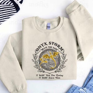 Embroidered Onyx Storm Brave The Dark Sweatshirt, Dragon Lover Hoodie, Fantasy Rider Sweater, Fantasy Bookish Gift, Book Lover Sweat