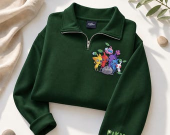 Embroidered Pikmin Inspired Quarter Zip and Sweatshirt, Cute Gaming Crewneck, Colorful Character Pullover, Gamer Gift, Nintendo Fan Gift