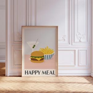 Happy Meal Poster, Funny Burger and Martini Print, Retro Kitchen Wall Art, Bar Cart Food Decor, Fast Food Digital Download Art