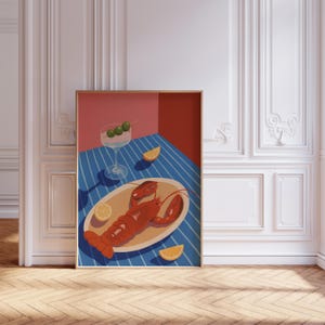 Plakat z homarem Martini, sztuka ścienna do kolacji w stylu retro, kolorowy wydruk kuchenny z owocami morza, wystrój kuchni w stylu Mid Century Modern, pobieranie cyfrowe
