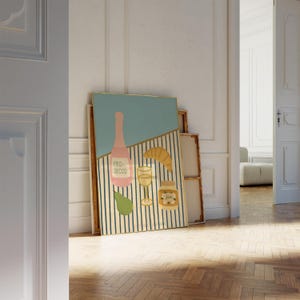 Prosecco-Picknick-Druck, Pastell-Brunch-Plakat, Croissant & Jam-Wandkunst, moderne Küchendekoration, digitaler Download