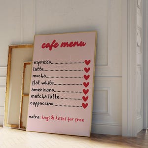 Impression d'art menu bar à café, art bar à café, art de la cuisine, art mural cuisine, affiche de café, décoration d'intérieur mignonne, art du café, art mural rose