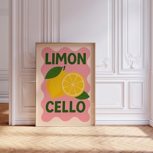 Limoncello print keuken bar kar wand decor handgetekende kunst cocktail print citroen poster trendy retro interieur roze geel digitale download