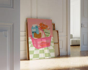 Impresión de leche de avena y matcha, póster de cesta de la compra, arte mural de cocina en tonos pastel, estética de comida saludable, impresión de matcha, descarga digital
