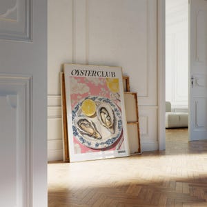 Impresión de cocina del Oyster Club, elegante arte mural de mariscos, póster de comida costera chic, impresión de arte gastronómico, descarga digital de pintura de ostras