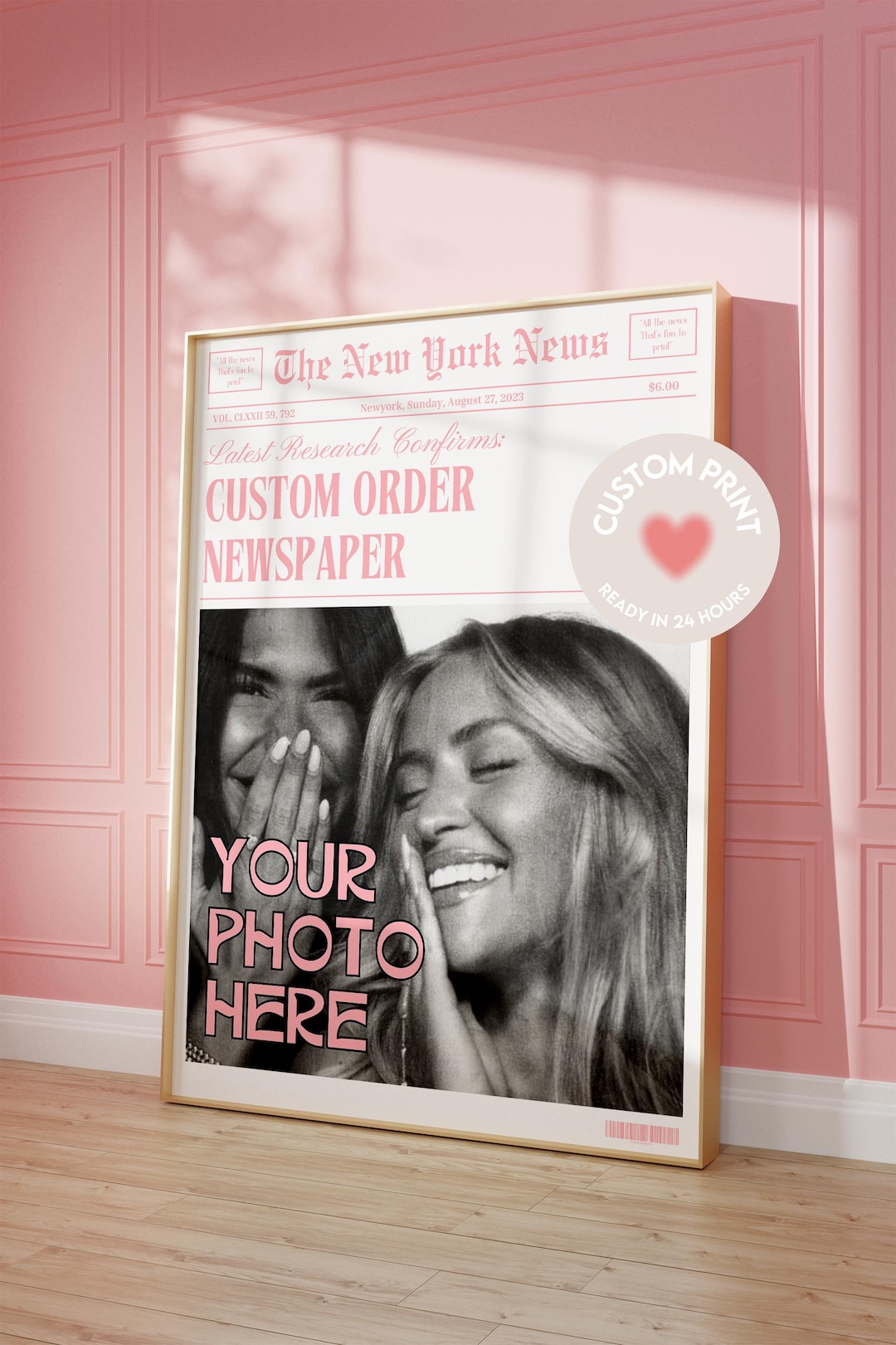 CUSTOM Pink Newspaper Print, Personalized New York Newspaper Wall Art ...