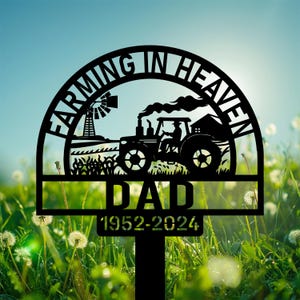 Personalized Farming in Heaven Tractor Sign – Custom Grave Marker with Barn and Field Scene, Memorial Tribute for Dad, Farmer Garden Decor.