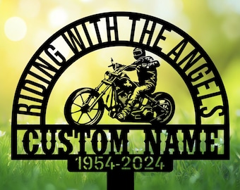 May include: Black metal memorial garden stake with a motorcycle silhouette and the text "Riding with the Angels" and "CUSTOM NAME 1954-2024".
