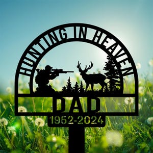 Personalized Hunter Memorial Garden Stake, Forest Scene Hunting in Heaven, Couple Deer, Pine Trees, and Mountains, Hunter Loss