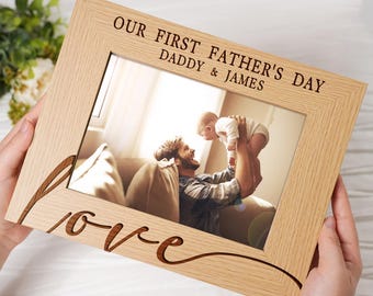First Father's Day Frame,Personalized Daddy Picture Frame,Custom Best Dad Photo Frame,Daddy Grandpa Father's Day Gifts,Wooden Picture Frame