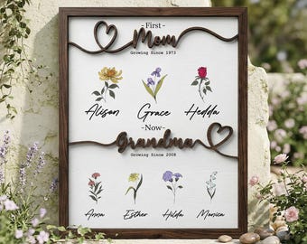 Letrero de madera con la flor de nacimiento de la primera mamá y la nueva abuela, regalo personalizado para el jardín de la abuela, regalo personalizado para el Día de la Madre, placa personalizada con nombres de la familia.