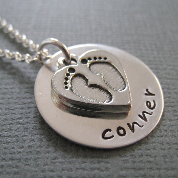 Hand Stamped Mommy Necklace - Personalized Sterling Silver - Great Gift for New Mom....  Sweet Little Baby Feet