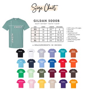 May include: A size chart for a Gildan 5000B heavy cotton youth t-shirt. The chart includes chest and length measurements in inches for sizes XS to XL. The image also displays a variety of t-shirt colors, including black, white, and red.