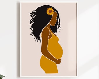May include: A framed art print featuring a minimalist illustration of a pregnant person. The figure is depicted in shades of brown and mustard yellow, with a sunflower in their dark hair. The artwork has a soft, neutral background.
