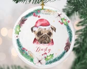 Personalized Pug Ornament, Custom Dog Christmas Ornament, Holiday Dog Ornament, Puppy Ornament, Dog's 1st Christmas, Dog mom gift, dog lover