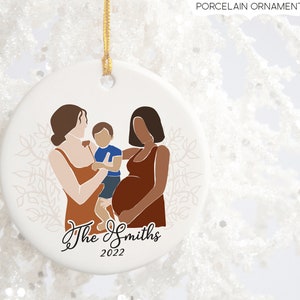 Pregnancy Christmas Ornament, Lesbian Family Christmas Ornament, Lesbian Pregnancy Ornament, Pregnant Lesbian Couple with Child Ornament