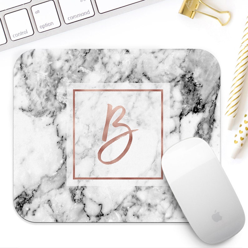 Rose gold marble mousepad. Monogrammed Mousepad. White marble mouse pad. Rose gold desk decor. Rose gold accessories. Customized Mousepad. image 2