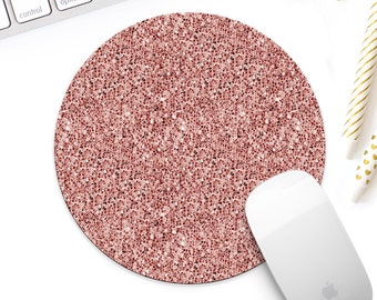 Rose gold glitter texture mouse pad for her, coarse glitter round or rectangular mousepad, Rose gold office decor, rose gold desk accessory