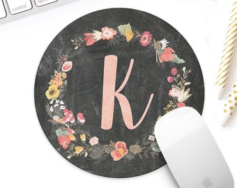 Floral Chalkboard Monogram mouse pad for her, monogrammed mouse pad, initial mouse mat, personalized teachers gift, coworker gift