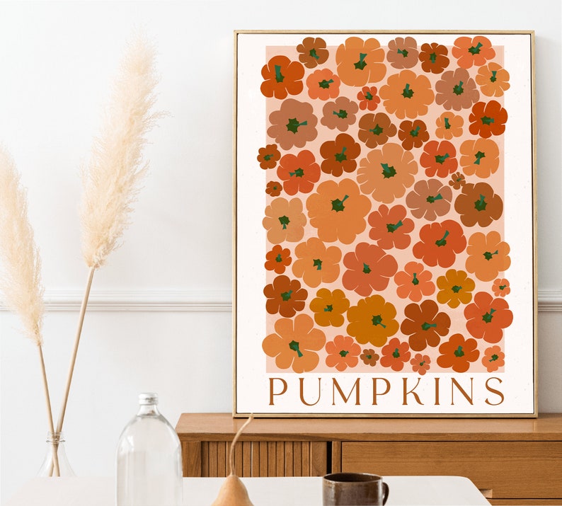 Modern Autumn Wall Art, Pumpkin wall art, Vintage Pumpkin poster, Large Fall Print, Autumn Print, 70s colors fall wall art, Modern Pumpkins image 9