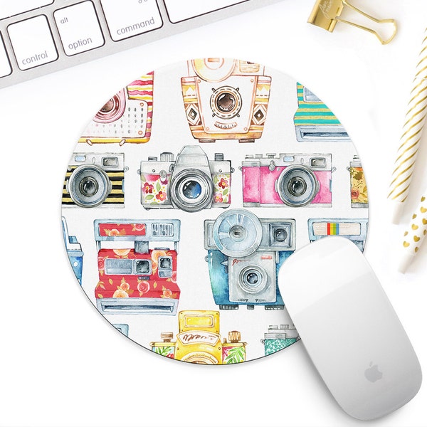 Vintage cameras watercolor mouse pad, Cute desk accessory for her, Office desk supplies, Photographer gift