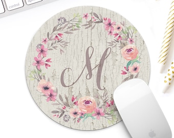 Monogrammed Watercolor Flora wreath mouse pad for her, Monogram Mousepad, Personalized Mouse Pad, coworker gift for her, farmhouse chic