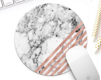 White Marble And Rose Gold Mouse Pad For Her, Rose Gold Geometric Mouse Mat Desk Accessory, Rose Gold Office Decor, Coworker Gift For Her