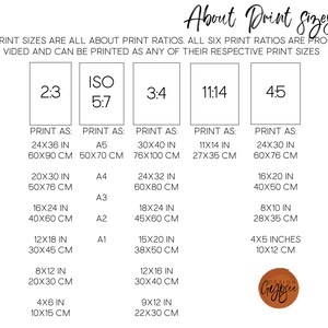 May include: A white graphic with print size ratios and dimensions in inches and centimeters. The text reads "About Print Sizes" and lists various print sizes such as 24x36 in (60x90 cm), 20x30 in (50x76 cm), and 16x24 in (40x60 cm).