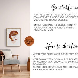 May include: A framed print of a woman's face with abstract features in shades of brown, peach, and gold. The print hangs on a light-colored wall. Text on the wall reads "Printable art" and "How to download".