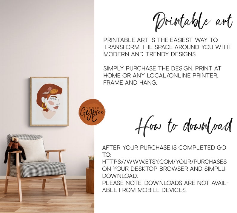 May include: A framed print of a woman's face with abstract features in shades of brown, peach, and gold. The print hangs on a light-colored wall. Text on the wall reads "Printable art" and "How to download".