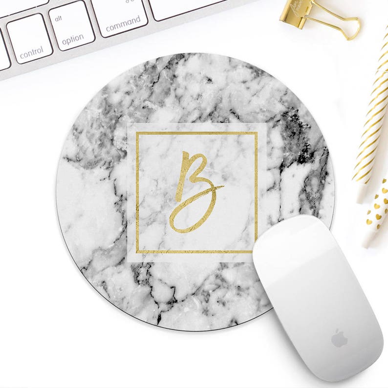 Marble Gold Monogram Mouse Pad For Her White Image 0