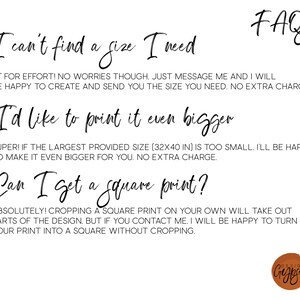May include: White background with black handwritten text. The text addresses common customer questions: size availability, larger print options, and square print requests. The image includes the text "FAQs" and a logo with the words "Design Gypsy".