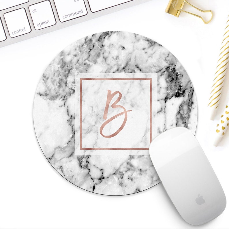 Rose gold marble mousepad. Monogrammed Mousepad. White marble mouse pad. Rose gold desk decor. Rose gold accessories. Customized Mousepad. image 1