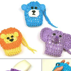 May include: Crocheted soap savers in the shapes of a lion, bear, and elephant. The savers are in orange, blue, and purple.