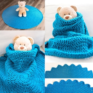 May include: A turquoise blue crocheted baby blanket with a scalloped edge. A teddy bear is sitting on the blanket.