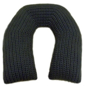 May include: A dark gray knitted neck pillow shaped like a horseshoe. The pillow is made of a soft, comfortable material and is perfect for travel or relaxing at home.