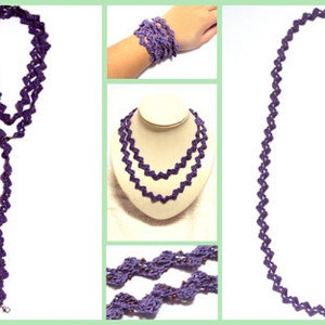 May include: A purple crocheted necklace with a zig-zag pattern. The necklace is shown in three different styles: a long necklace, a shorter necklace, and a bracelet.