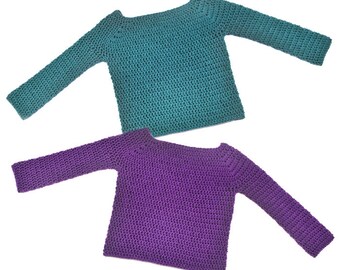 May include: Two crocheted sweaters, one teal and one purple, with a boat neck and long sleeves.