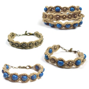 May include: Four bracelets with blue and gold beads. The bracelets are made of brown cord and have a simple design.