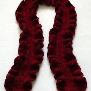May include: A burgundy crocheted scarf with a ruffled edge.
