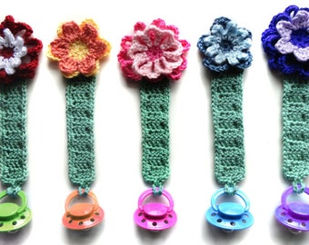 Pacifier Holder with Flowers - PDF Crochet Pattern - Instant Download