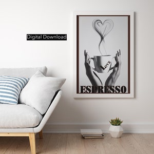 Love espresso zwart witte koffie muurprint, decor koffieliefhebber, koffiekar print, hart vintage koffiebar poster, uniek ingelijst cadeau