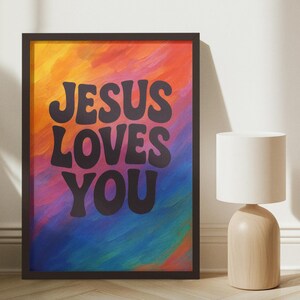 Jesus Loves You Wall Art, Christian Printable Quote, Bible Verse Decor for Nursery or Home, Religious Digital Download Print, Retro Bold Art