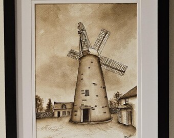 L'iconico Callington Mill a Oatlands, Tasmania. Acquerello originale, senza cornice.