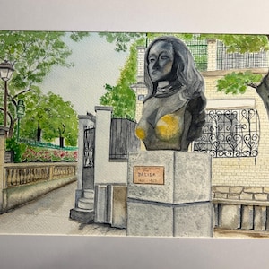 May include: Watercolor painting of a bust of Dalida, a famous singer, with a park scene in the background. The bust is dark gray with yellow accents. The painting includes a stone pedestal with a plaque that reads "Dalida 1933-1987".