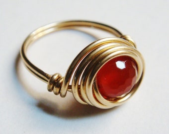Anillo rojo, anillo de piedra preciosa de cornalina roja, anillo de oro, anillo lleno de oro de 14 k, anillos de oro para mujeres, regalos para mujeres