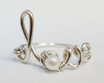 Mothers Day Gift, Love Ring, Pearl Ring, Sterling Silver Ring, Wire Wrapped Ring